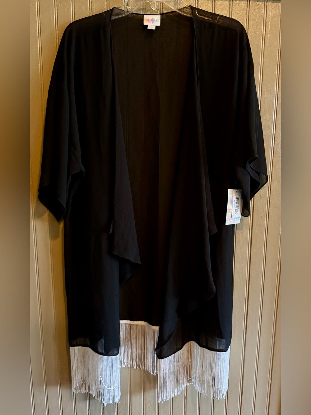 LuLaRoe Black Open-Front Kimono with White Fringe Monroe Large New